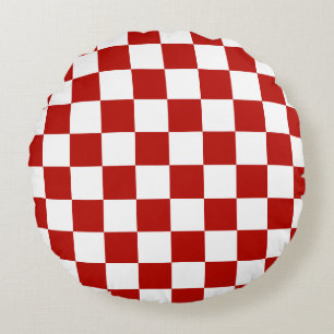 Chequered squares red white geometric retro round cushion