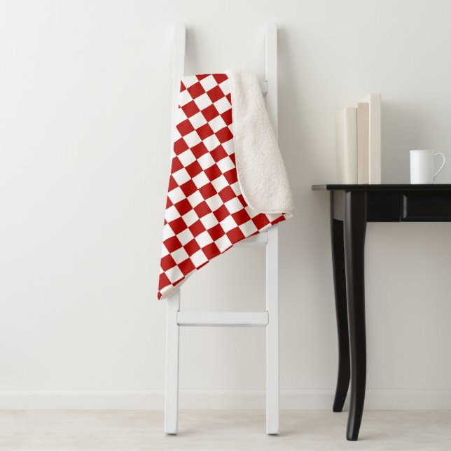Chequered squares red white geometric retro sherpa blanket (In Situ)