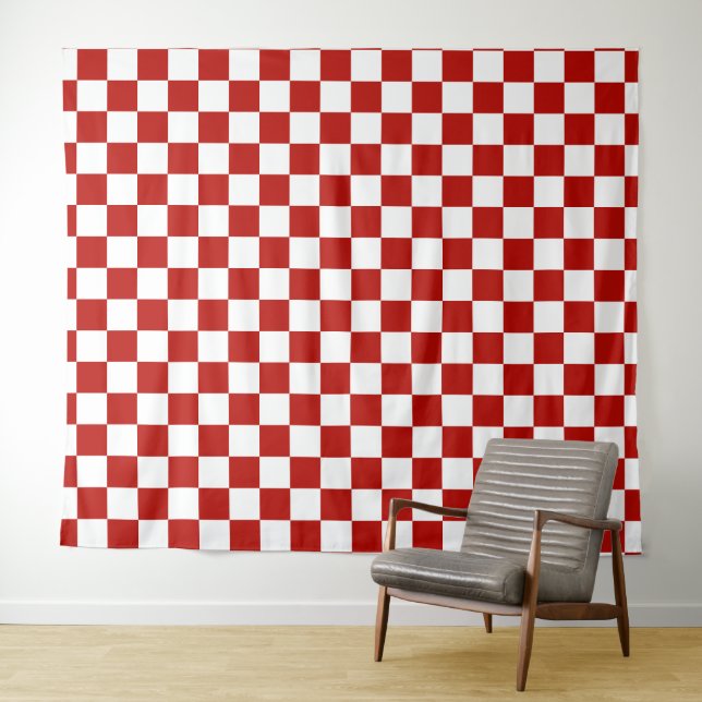 Chequered squares red white geometric retro tapestry (In Situ (Horizontal))