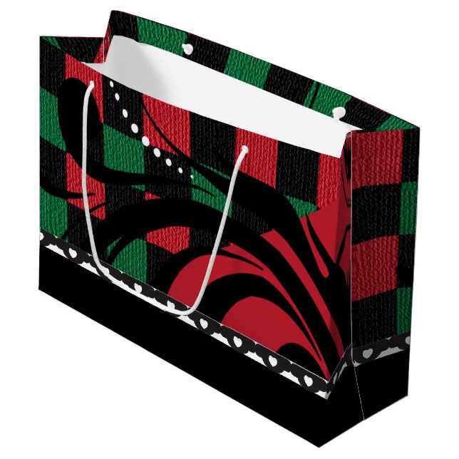 Chequered Swirl Design | Black, Red and Green Large Gift Bag (Front Angled)