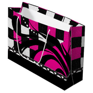 Chequered Swirl Design Black, White and Hot Pink Large Gift Bag
