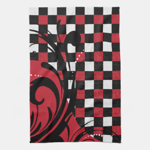 Chequered Swirly Pattern   Dark Red, White, Black Tea Towel