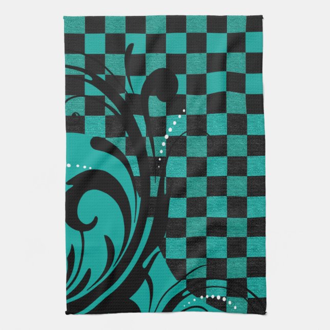 Chequered Swirly Pattern | Teal Blue, Black Tea Towel (Vertical)