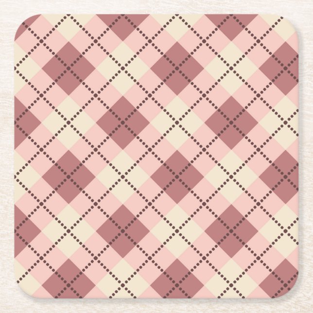 chequered tartan plaid classic beige brown texture square paper coaster (Front)