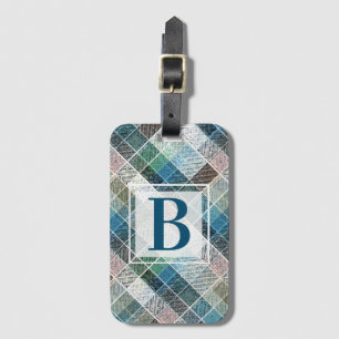 chequered, tartan, plaid, classic, blue, white luggage tag