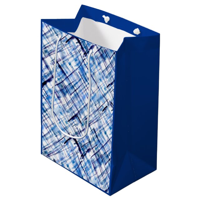 chequered, tartan, plaid, classic, blue, white medium gift bag (Front Angled)