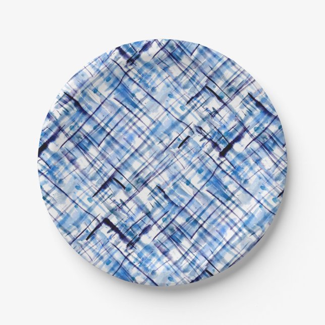 chequered, tartan, plaid, classic, blue, white paper plate (Front)
