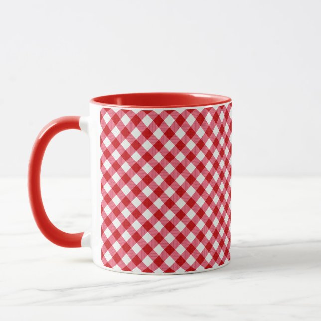 chequered tartan plaid classic red white texture mug (Left)