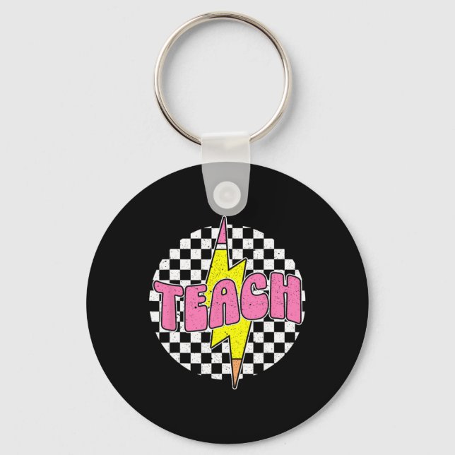 Chequered Teach Pencil Lightning Bolt Back To Scho Key Ring (Front)