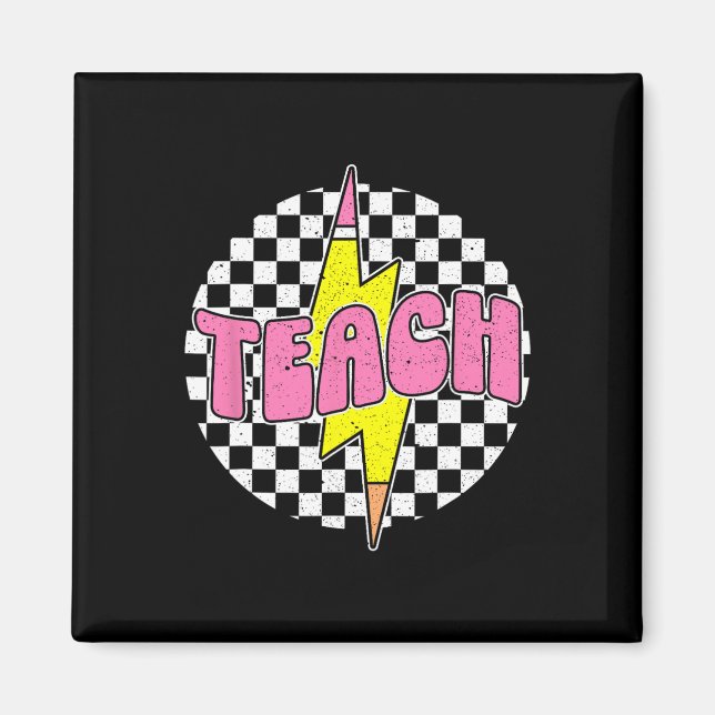 Chequered Teach Pencil Lightning Bolt Back To Scho Magnet (Front)