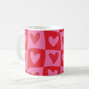 Chequered Warped Pink and Red Hearts Pattern Coffee Mug