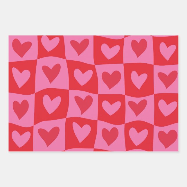 Chequered Warped Pink and Red Hearts Pattern  Wrapping Paper Sheet (Front)