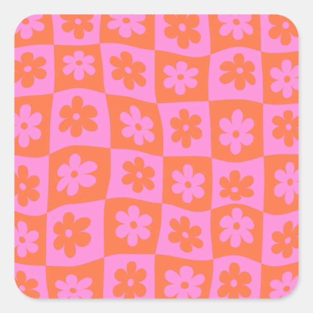 Chequered Warped Retro Pink and Orange Flowers Square Sticker (Front)