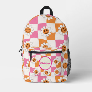 Chequered Warped Smiling flowers Custom Name Printed Backpack