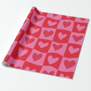 Chequered Warped Trippy  Pink and Red Hearts  Wrapping Paper
