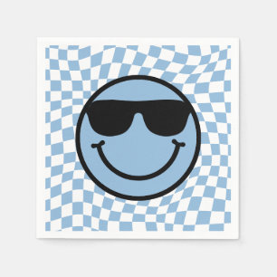 Chequered Wavy Blue Cool Preppy Smile Birthday Napkin