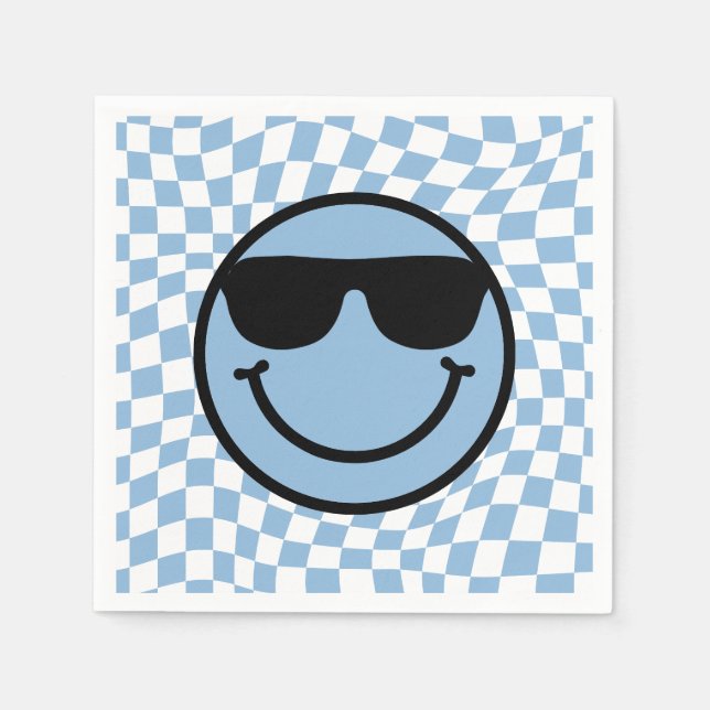 Chequered Wavy Blue Cool Preppy Smile Birthday Napkin (Front)