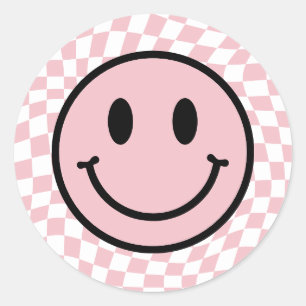 Chequered Wavy Pink Preppy Smile Classic Round Sticker