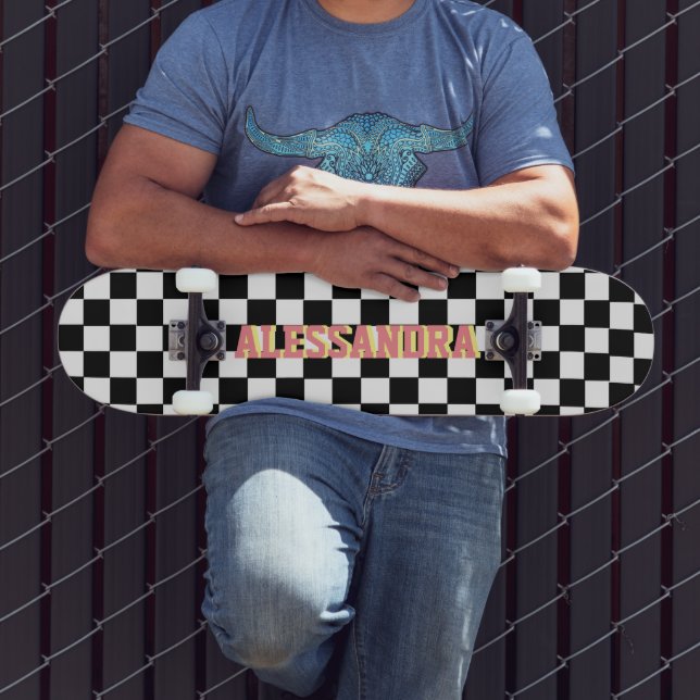 Chequered White and Black Custom Retro Name  Skateboard (Outdoor 3)
