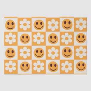 Chequered White Flowers and Orange Happy Faces  Tissue Paper