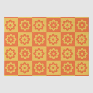 Chequered Yellow Orange Retro Flowers  Tissue Paper