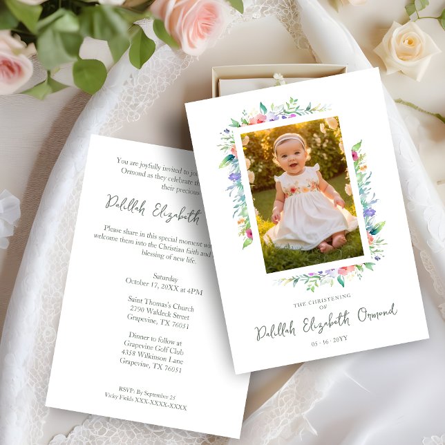 Cherish Cute Floral Frame Christening Photo  Invitation (Cherish Cute Floral Frame Christening Photo Invitation Card.)