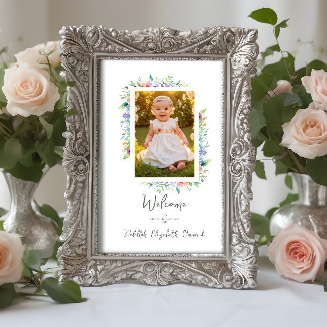Cherish Cute Floral Frame Christening Photo Poster (Cherish Cute Floral Frame Christening Photo Welcome Guest Poster.)