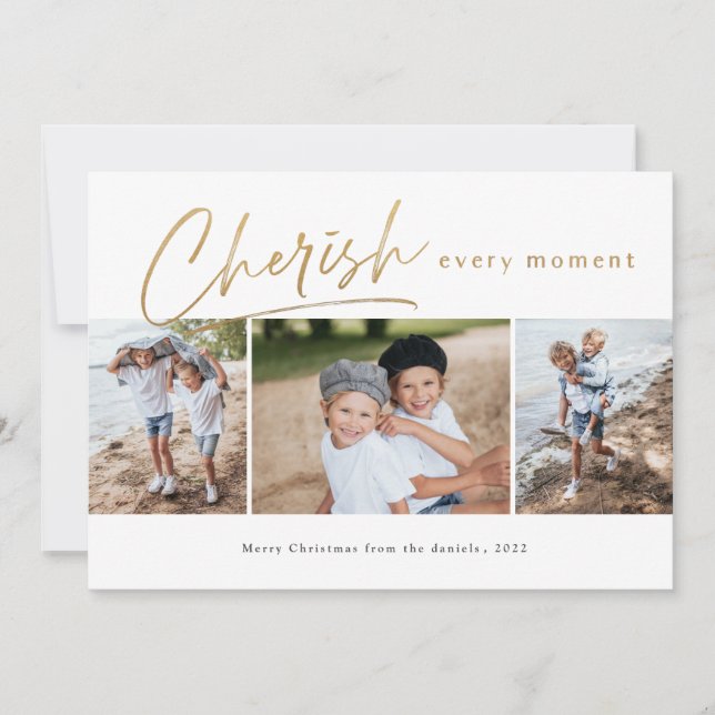 Cherish Every Moment 3 photo Holiday Card (Front)
