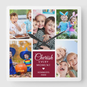 Cherish Every Moment Burgundy 5 Photo Collage   Square Wall Clock