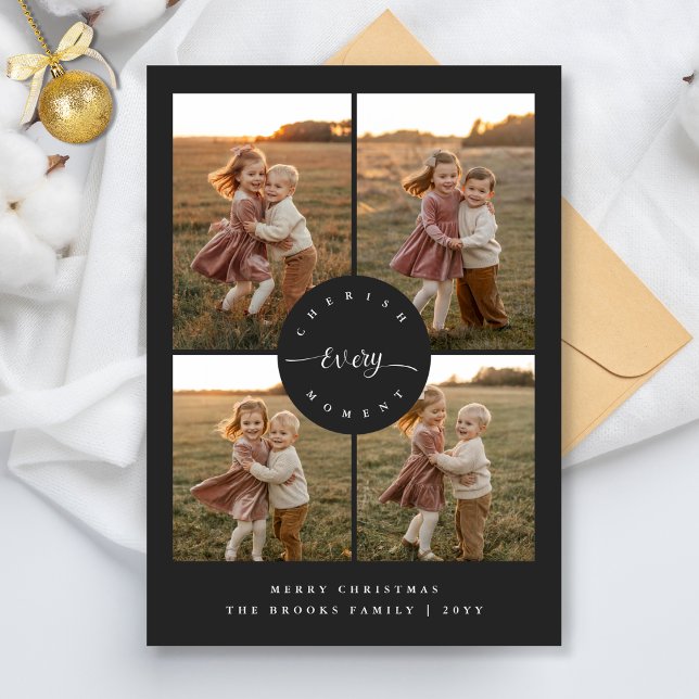 Cherish Every Moment Elegant 4 Photo Christmas Holiday Card (Creator Uploaded)
