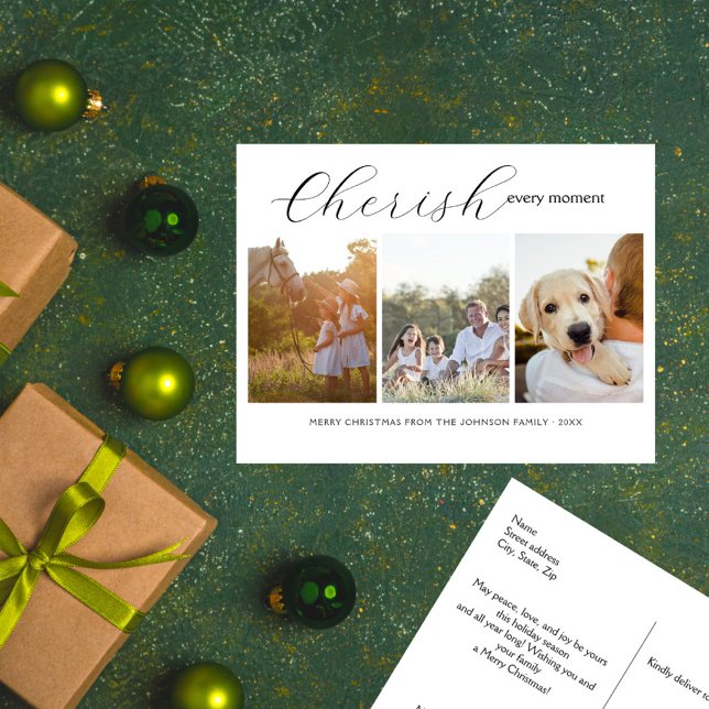 Cherish Every Moment Elegant Script 3Photo Holiday Postcard (Cherish Every Moment!)