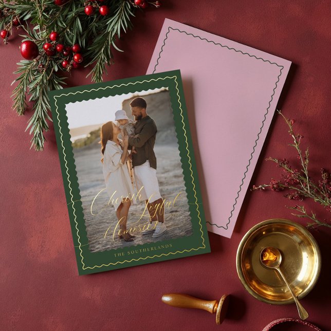 Cherish Joyful Memories Wavy Modern Minimal Photo (Cherish Joyful Memories Wavy Modern Minimal Photo Foil Holiday Card)