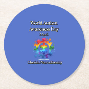Cherish Neurodiversity. World Autism Awareness Day Round Paper Coaster
