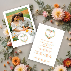 Cherish Orange & Green Floral Heart Wreath Wedding Invitation