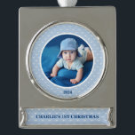 Cherish the Moment: Baby’s 1st Christmas Photo  Silver Plated Banner Ornament<br><div class="desc">Cherish the Moment: Baby’s 1st Christmas Photo Ceramic Ornament Capture your baby's first Christmas with this charming photo ornament. The delicate blue pattern background adds a touch of elegance, making it a perfect keepsake to cherish for years to come. Personalise it with your favourite photo to create a lasting memory...</div>