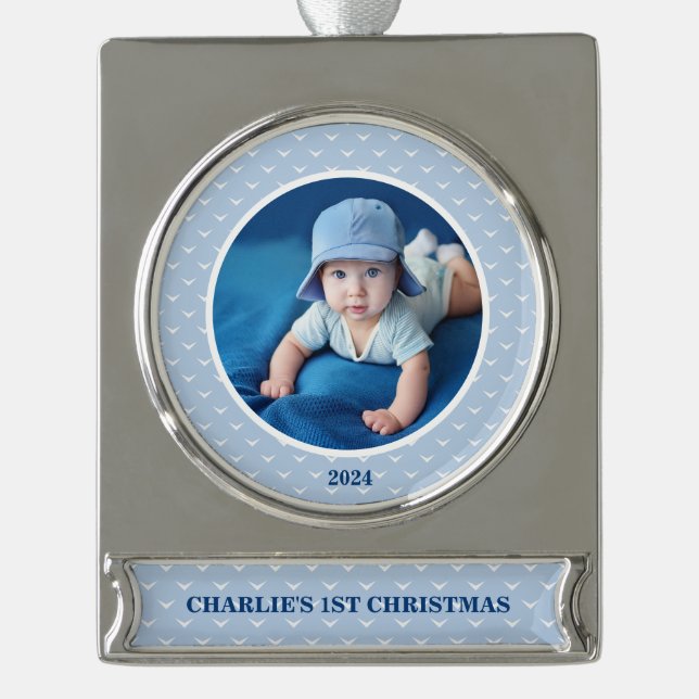 Cherish the Moment: Baby’s 1st Christmas Photo  Silver Plated Banner Ornament (Front)