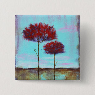 Cherished, Abstract Art Landscape Red Trees 15 Cm Square Badge