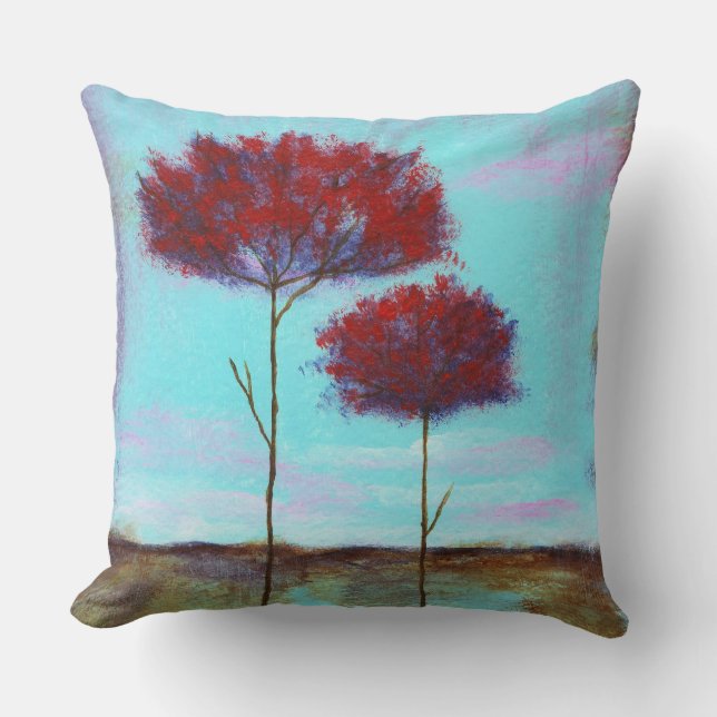 Cherished, Abstract Landscape Art, Red Trees Cushion (Front)