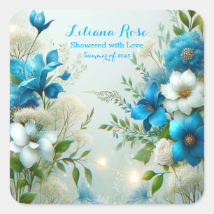 Cherished Blue Floral Blooms Bridal Shower Square Sticker