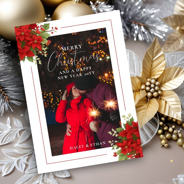 Cherished  Floral Christmas Poinsettias Bouquets  Holiday Card (Cherish Red Floral Christmas Poinsettias Bouquets Photo Frame Holiday Card. )