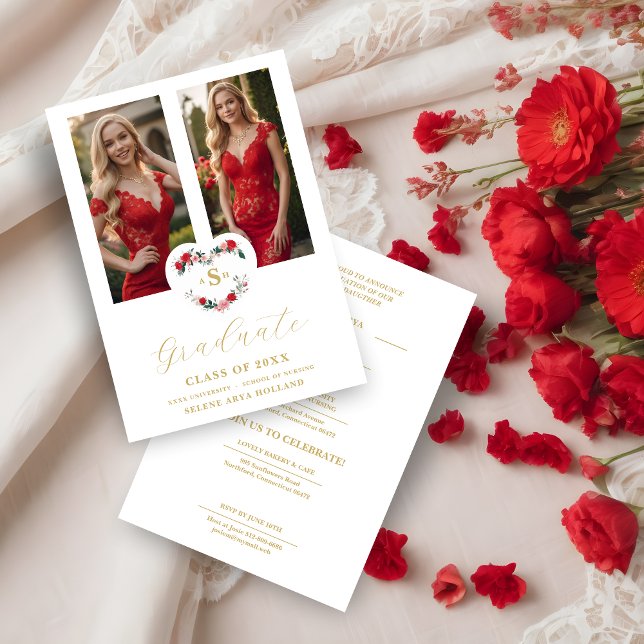 Cherished Floral Heart Initials Graduate 2 Photos Invitation (Cherish Romantic Floral Heart Initials Graduate 2 Photos Invitation Card. )
