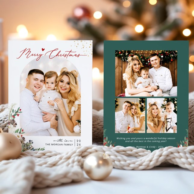 Cherished Memories Merry Christmas Script 4 Photo Holiday Card (Creator Uploaded)