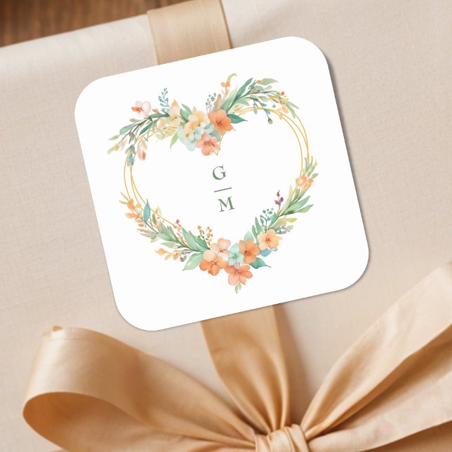 Cherished Romantic Green Orange Floral Heart Shape Square Sticker (Cherished Romantic Green & Orange Floral Heart Shape Wreath Wedding Square Stickers. )