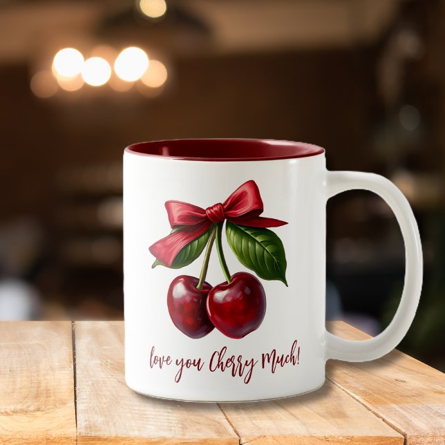Cherries and a Bow-Love You Cherry Much Two-Tone Coffee Mug (Cherry Red with a Bow-Two toned mug-Love you Cherry Mug)