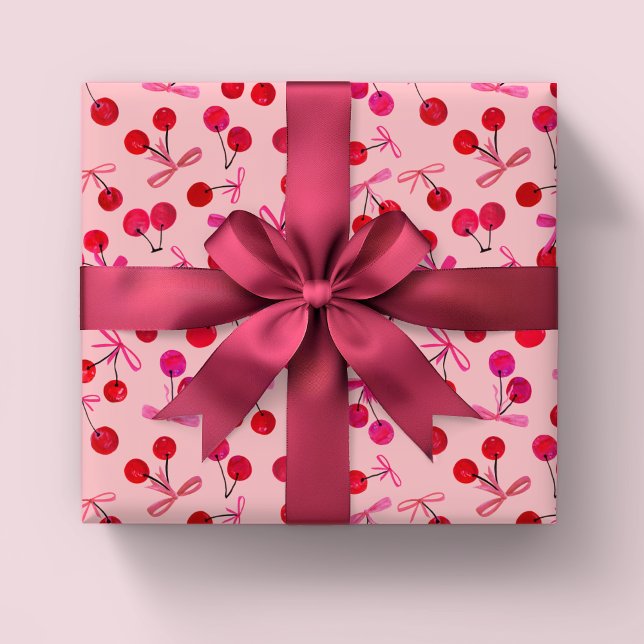Cherries and bows pattern wrapping paper sheet (Coquette cherry & bow girly pink wrapping paper sheets. Great for girls birthday or baby shower.)