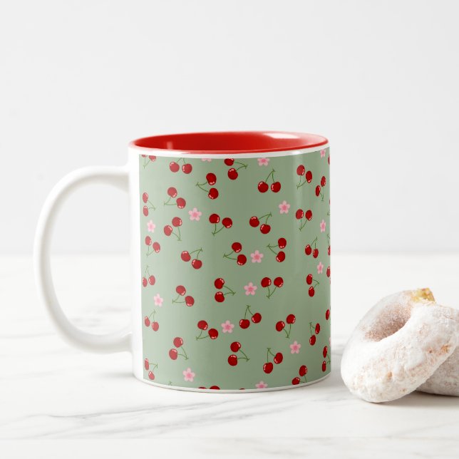 Cherries And Flowers Two-Tone Coffee Mug (With Donut)