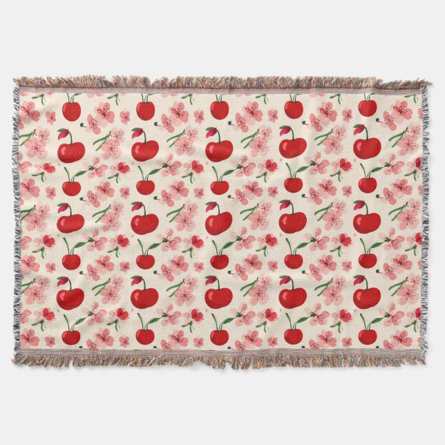 Cherries And Pink Blossoms Throw Blanket (Front)