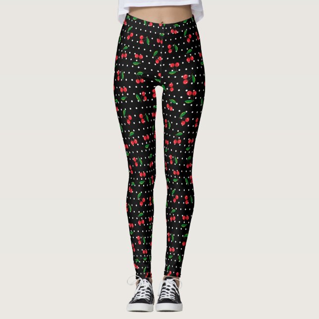Cherries and Polka Dots Black Rockabilly Girl Leggings (Front)