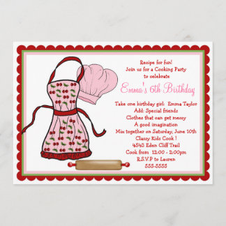 Cherries Apron and Chef Hat Birthday Invitations
