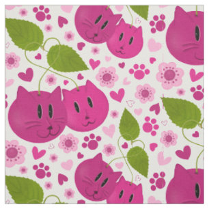 Cherries, Cats, Hearts, Cherry Blossoms and Paws Fabric